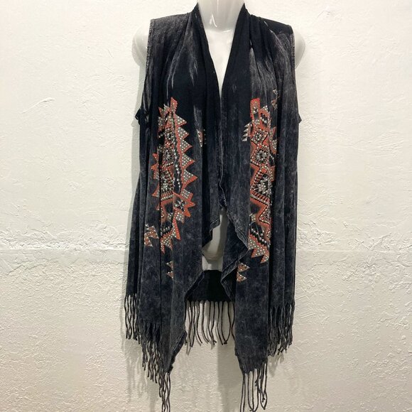 Vocal Black and Orange Tribal Fringe Vest - Picture 1 of 10